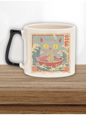 Ramen Ilüstrasyon Sevimli Kedi Baskılı Japon Anime Doğum Günü Hediye Siyah Kulplu Kupa Bardak