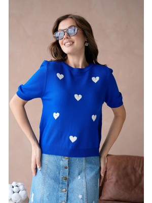 Kadın Taş Işlemeli Kalpli Triko Kazak