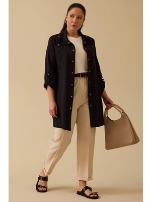 Galaxi Kadın Büyük Beden Nakışlı Katlanabilir Kollu Kap 4015 Siyah