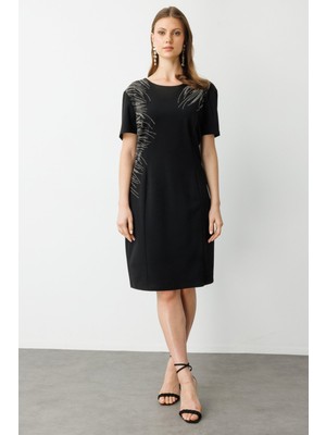 Ekol Kadın Büyük Beden Taş Işlemeli Kısa Kollu Elbise 5960 Siyah