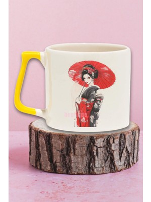 Japon Kız Kimono 3 Baskılı Anime Tarzı Geleneksel Giysi Doğum Günü Hediye Sarı Kulplu Kupa Bardak
