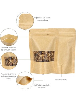 10 Adet 13X22,5 Gıda Uyumlu Kilitli Kraft Pencereli Doypack Poşet Çok Amaçlı Saklama Poşeti