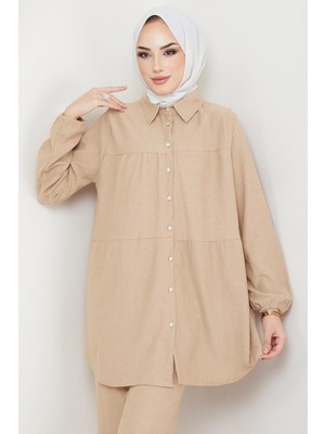 Hafsa Mina Kat Gömlekli Bürümcük İkili Takım Bej Kadın Örme Kumaş Özellikli Şık Tasarım HM2131