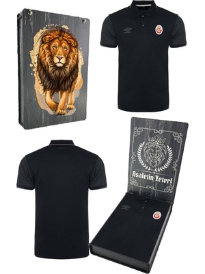 Galatasaray Orijinal Lisanslı 5 Yıldızlı Polo Yaka Siyah T-Shirt Gs Hediyelik Ahşap Kutulu