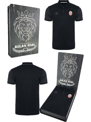 Galatasaray Orijinal Lisanslı Polo Yaka Siyah Spor T-Shirt Hediyelik Ahşap Kutulu
