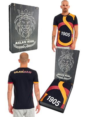 Galatasaray Orijinal Lisanslı Unisex Siyah Arma T-Shirt Hediyelik Ahşap Kutulu