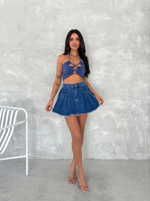Passense Şık Pileli Yazlık Mini Etekli Kot- Saks Mavisi