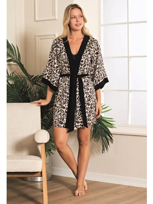 MOTTO10 Butik Viskon Leopar Desenli Sabahlıklı Gecelik Takımı