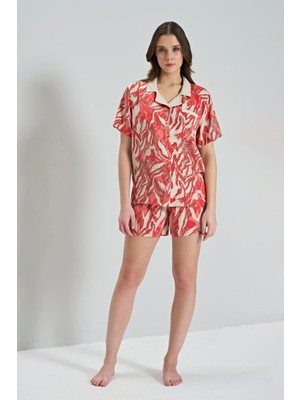 MOTTO10 Butik Aria's Closet %100 Viskon Dokuma Önden Düğmeli Narçiçeği Şortlu Pijama Takımı