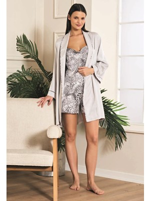 MOTTO10 Butik Aria's Closet Viskon Jakarlı Sabahlıklı Desenli Şortlu Pijama Takımı
