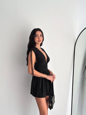 Gökyüzü Moda Omuzu Ip Askılı Şortlu Elbise - Siyah