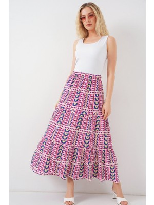 Gökyüzü Moda Desenli Uzun Etek 8053 - Fuşya
