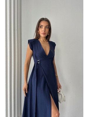 Nidam Butik Kruvaze Vatkalı Kolsuz Elbise Modal Kumaş - Lacivert