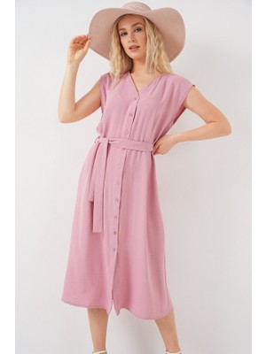 Arben Boutique Sıfır Kol Kuşaklı Ayrobin Elbise 2568 - Pudra