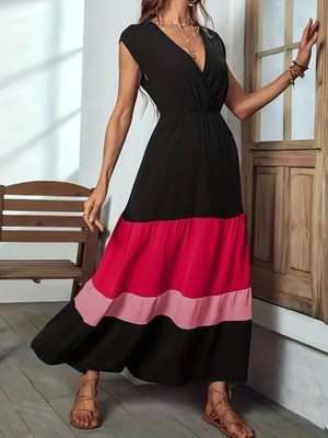 Kadın Kısa Kollu Kruvaze Yakalı Çok Renkli Aerobin Elbise