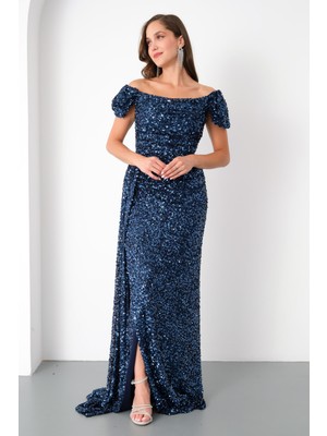 Kadın Lacivert Pul Payet Işlemeli Uzun Abiye Elbise