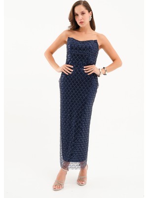 Kadın Lacivert Straplez Payetli Kalem Abiye Elbise