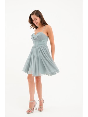 Kadın Mint Yeşili Askılı Mini Mezuniyet Abiye Elbise