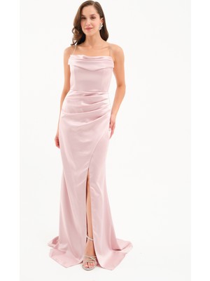 Kadın Pudra Taş Askılı Uzun Söz Nişan Abiye Elbise