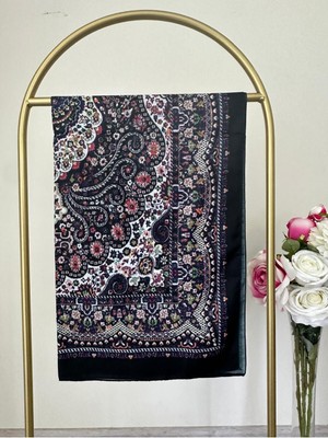 Retro Desen Pamuk Şal Siyah