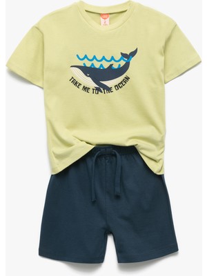 Koton Balina Baskılı Bisiklet Yaka Kısa Kollu Pamuklu Tişört ve Şort Seti