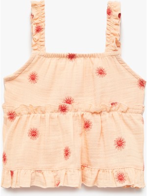 Koton Fırfır Detaylı Çiçek Işlemeli Kare Yaka Pamuklu Askılı Bluz