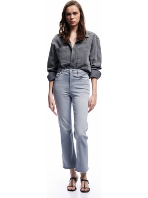 Koton Yüksek Bel Dar Kalıp Düğmeli Cepli Ispanyol Paça Crop Jean Pantolon - Flare Jeans