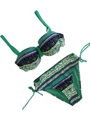 Kadın Yeşil Taş Işlemeli Etnik Desenli Astarlı Bikini Takımı HZL25S-LC3305