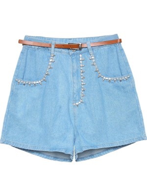 Taş Detaylı Denim Şort Mavi