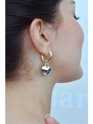 Sacce Scarves & Accessories İki Renkli Bombeli Kalp Çelik Halka Küpe Kalp Charmlı Halka Küpe