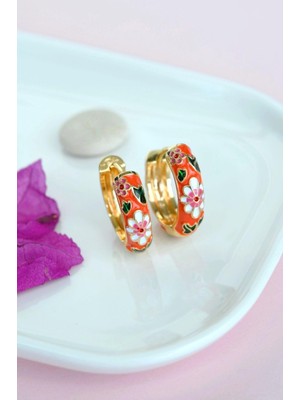 Sacce Scarves & Accessories Turuncu Mineli Çiçek Desenli Halka Küpe Vintage Çiçekli Küpe