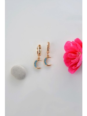 Sacce Scarves & Accessories Ay Charmlı Küpe Minimal Mavi Aylı Halka Küpe