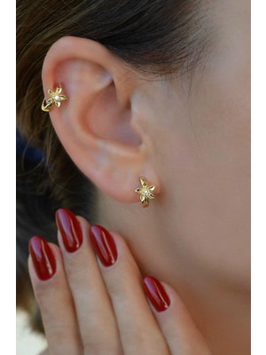 Sacce Scarves & Accessories Küçük Boy Çiçek Detaylı Gold Halka Küpe Lob Helix Kıkırdak