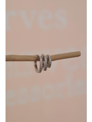 Sacce Scarves & Accessories Taşlı Minimal Halka Küpe Seti 3 Parça Gümüş Renkli