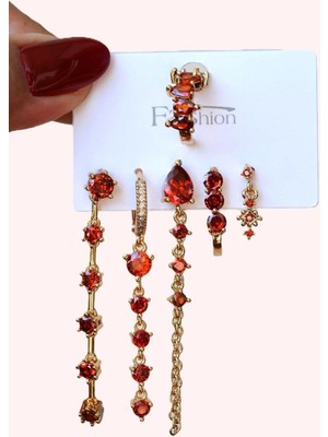 Sacce Scarves & Accessories Kırmızı Taşlı Su Yolu Işık Seli Küpe Seti 6 Parça