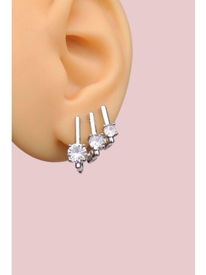 Sacce Scarves & Accessories Tektaşlı Kare Halka Küpe Seti 3 Parça Gümüş Renkli