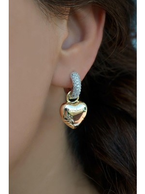 Sacce Scarves & Accessories İki Renkli Bombeli Kalp Charmlı Zirkon Küpe Kalpli Küpe