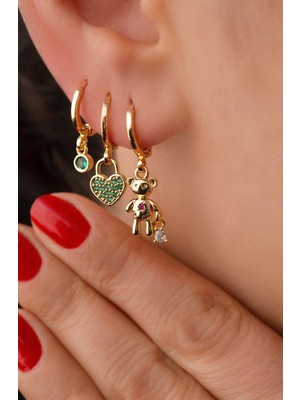 Sacce Scarves & Accessories Zümrüt Yeşil Taşlı Ayıcık ve Kalp Figürlü 3'lü Küpe Seti
