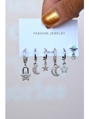 Sacce Scarves & Accessories Asimetrik Aylı Yıldızlı Küpe Seti 6 Parça