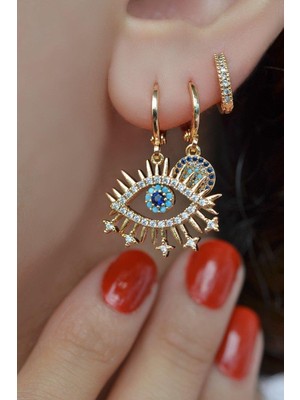 Sacce Scarves & Accessories Altın Renkli Üçlü Küpe Seti Kirpikli Göz Detaylı Rodyum Kaplama 8 mm Zirkon