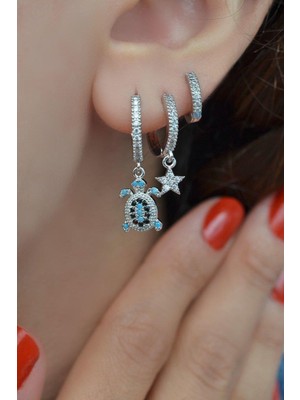 Sacce Scarves & Accessories Gümüş Renkli Yıldız ve Kaplumbağa Detaylı Üçlü Küpe Seti