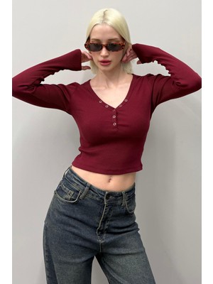 Madmext Bordo V Yaka Uzun Kollu Düğme Detaylı Kaşkorse Body MG2194