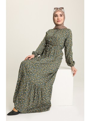 Çiçek Desenli Elbise 4066-06 Nefti Yeşil