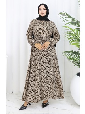 Sefa Merve Beli Büzgülü Yarım Düğmeli Elbise 0110-02 Vizon