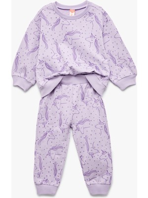 Koton Unicorn Baskılı Pamuklu Eşofman Takımı Kız Çocuk İçin Uzun Kol Günlük Kullanım Mor Renk