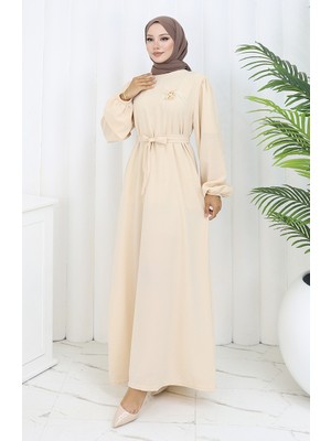 Sefa Merve Broş Detaylı Elbise 0017-05 Bej