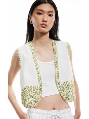 Koton Viskon-Pamuk Karışımlı Kolsuz Boncuk Işlemeli Yelek