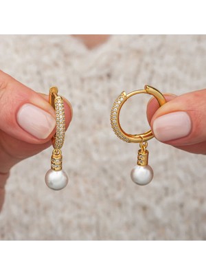 Gümüş Zirkon Taşlı Gold Halka Inci Küpe  SL10759