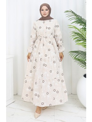 Sefa Merve Yarım Düğmeli Keten Elbise 2097-02 Bej Kahverengi