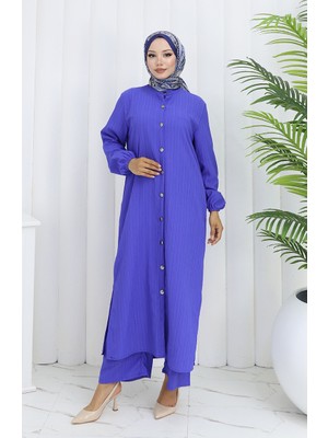 Sefa Merve Bürümcük Kumaş Tunik Pantolon Ikili Takım 2093-05 Açık Mor